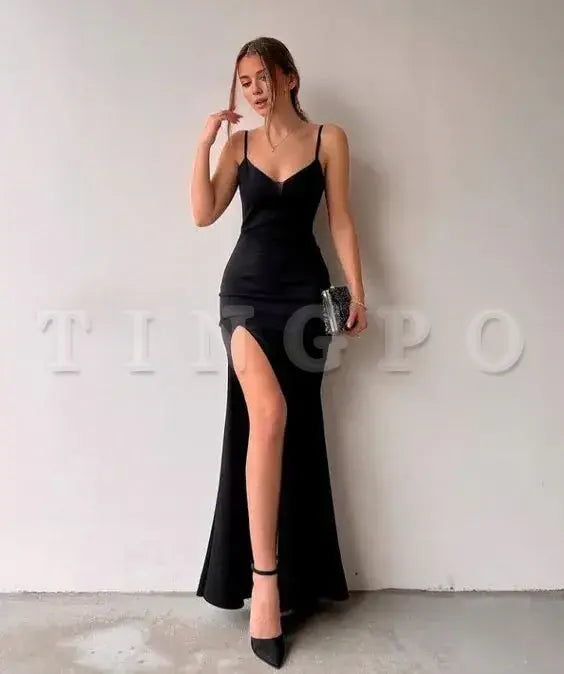 Wholesale Elegant Sheath Straps Black Slit Prom Dresses Evening Dress With Split gowns evening dresses